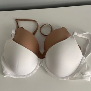34C VS PINK lightly Lined Wear Everywhere Tshirt Bra White Tan Beige Lot Of 2